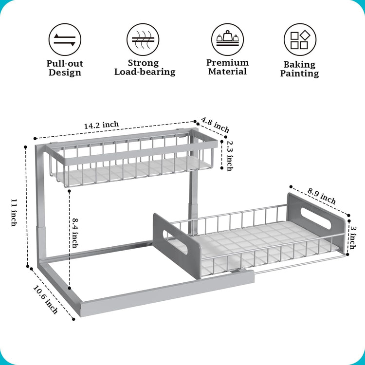 REALINN Under Sink Organizer, Pull Out Cabinet Organizer 2 Tier Slide Out Sink Shelf Cabinet Storage Shelves, Storage for Kitchen Bathroom, Grey, 2 Pack