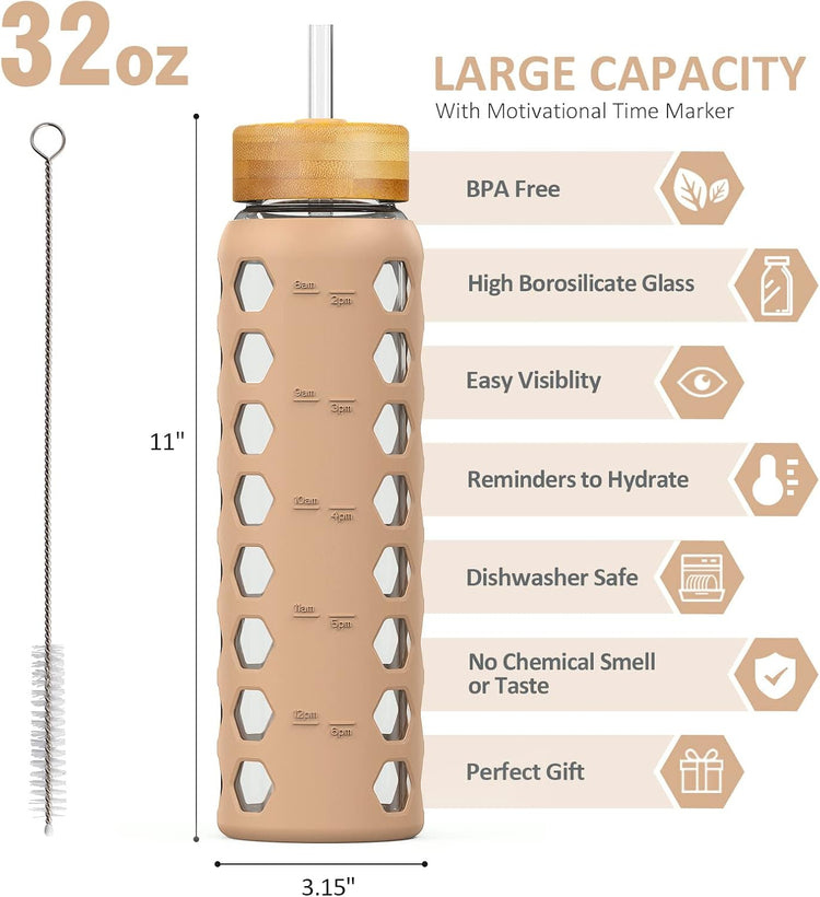 MUKOKO 32oz Glass Water Bottles with 2 Lids-Handle Spout Lid&Bamboo Straw Lid, Motivational Water Tumbler with Time Marker Reminder and Silicone Sleeve, Leakproof-Amber-1 Pack