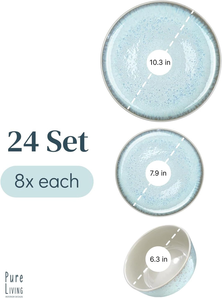 24 Piece Dinnerware Sets for 8 - Modern Style Stoneware Dinnerware Set - Microwave Safe Dinner Plates and Bowls Sets for 8, Ceramic Dish Set, Bowl and Plate Sets for 8, Beige Light Blue Set for 8…