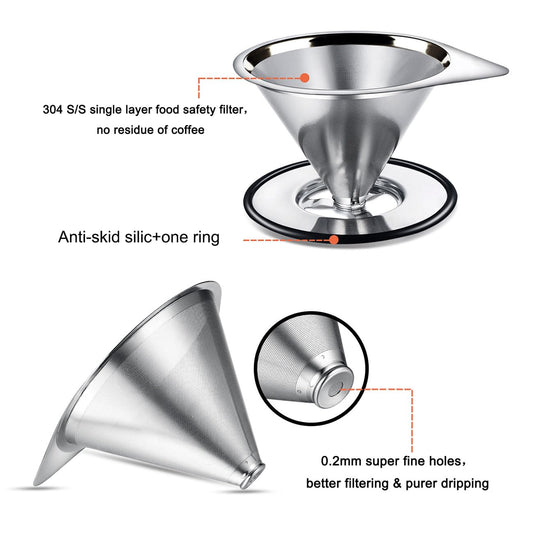 Pour Over Coffee Dripper Stainless Steel Coffee Filter Metal Cone Filter Paperless Reusable Coffee Filter Single Cup Coffee Maker 1