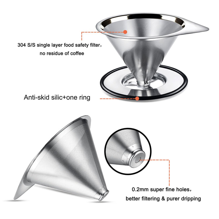 Pour Over Coffee Dripper Stainless Steel Coffee Filter Metal Cone Filter Paperless Reusable Coffee Filter Single Cup Coffee Maker 1