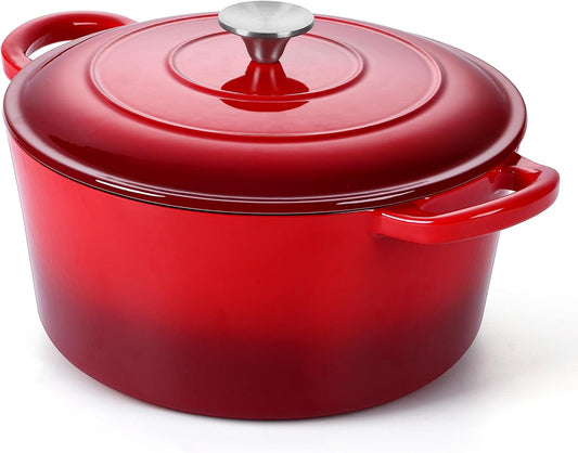 P&P CHEF 6QT Enameled Dutch Oven, Cast Iron Dutch Oven Pot with Lid for Bread Baking, Enameled Casserole Pot for Roasting Braising Stewing Frying Simmering, Various Stoves & Easy Clean, Red - Nestoria