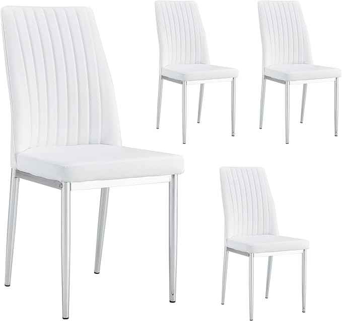 White Dining Chairs Set of 4 Modern Kitchen Chairs Set PU Leather Chair with Chrome Legs Armless Upholstered Chair for Dinner Room, Waiting Room(Set of 4, White)