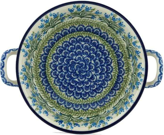 Polish Pottery Round Medium Baker with Handles (Feathery Bluebells) made by Ceramika Artystyczna