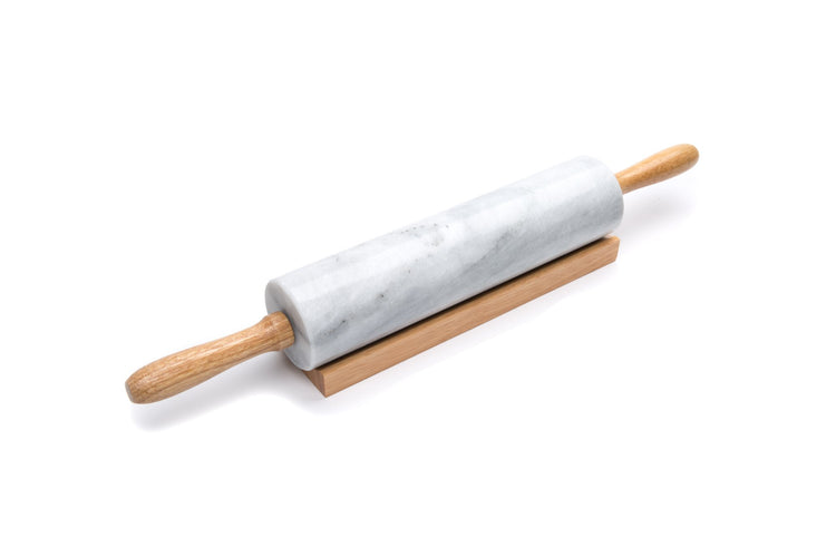 Polished Marble Rolling Pin with Wooden Cradle