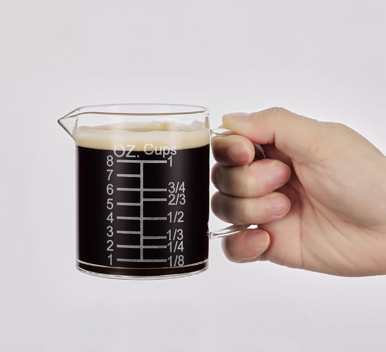 Ackers Etched Graduated Glass Measuring Cup - [Insulated Handle | V-Shaped Spout] - High Borosilicate Glass Measuring Cup for Kitchen or Dining, Easy to Read, 250ml (8oz, 1 Cup)