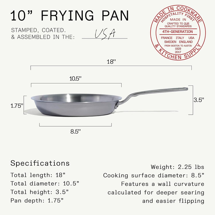 Cookware - 10-Inch Stainless Steel Frying Pan - 5 Ply Stainless Clad - Professional Cookware - Crafted in USA - Induction Compatible