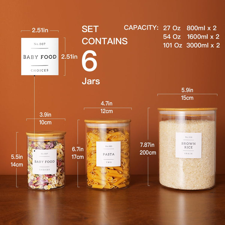 Set of 6 Glass Flour and Sugar jars with 132 Kitchen Pantry Labels