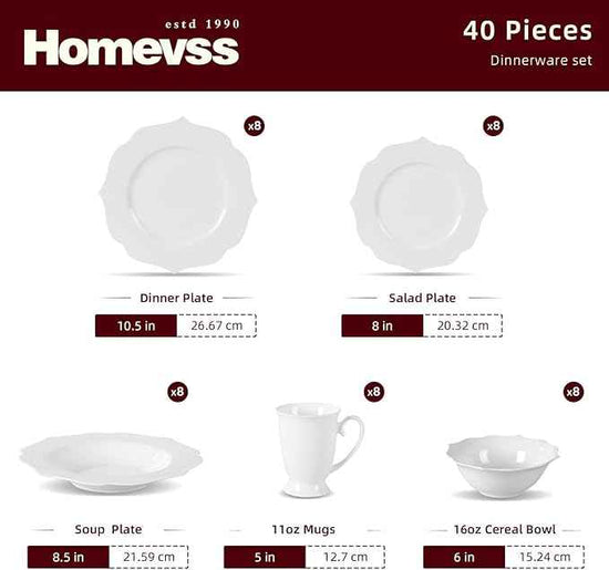 HomeVss, New Bone China Dinnerware Set, Embossed Lotus Design, 40pc Set
