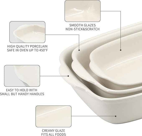 3-Pack Ceramic Baking Dishes Set,Heavy-Duty Oven-Safe Stoneware,Deep Rectangular Casserole Pans for Lasagna & Baking,High Heat Resistant,Handcrafted Glazed Finish (13.8''/12''/9.6'' Pure Off-White)