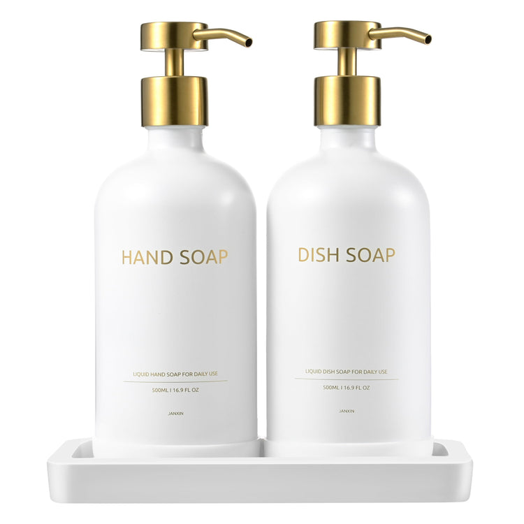 Glass Kitchen Soap Dispenser Set with Ceramic Tray