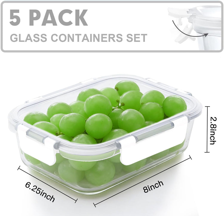 5 PACK 36 OZ Glass Meal Prep Containers Set with Lids (5 Count)