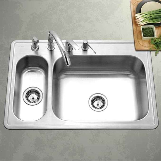 Houzer Legend 33 inch Stainless Steel Topmount 4-hole 80/20 Double Small Left Bowl Kitchen Sink with Strainer - LHD-3322-1