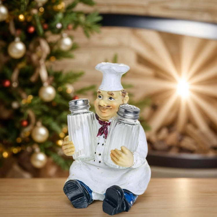 Rustic Spice Dispenser Shaker Holder with Glass Spice Jars - Salt And Pepper Dispenser with Resin Chef Figurine And Statues Holder - Farmhouse Kitchen DéCor