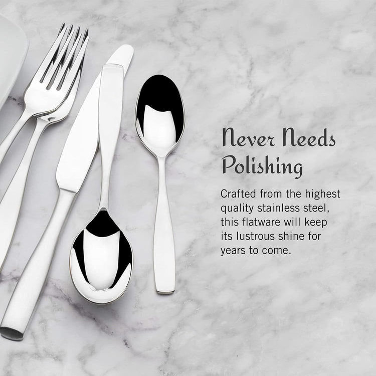 Mikasa Satin Loft 65-Piece Flatware Set for 12, 18/10 Stainless Steel Silverware with Forks, Knives, Spoons, and Serving Utensils, Durable and Elegant Design