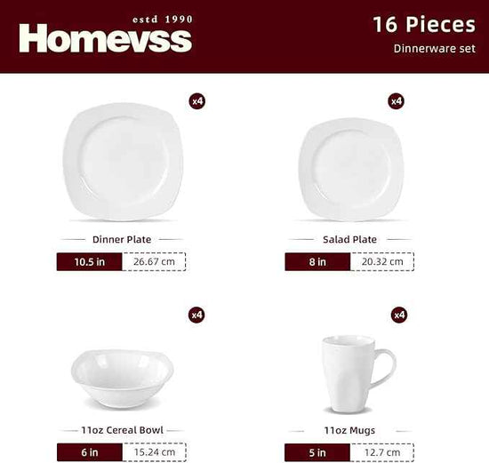 HomeVss, New Bone China Embossed Dinnerware Set, Coupe Square Shape, 16pc Set
