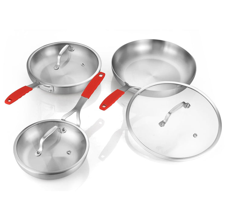 Tri Ply Stainless Steel Frying Pan Set 8" 10" 12" With Lid skillets (3 Count)