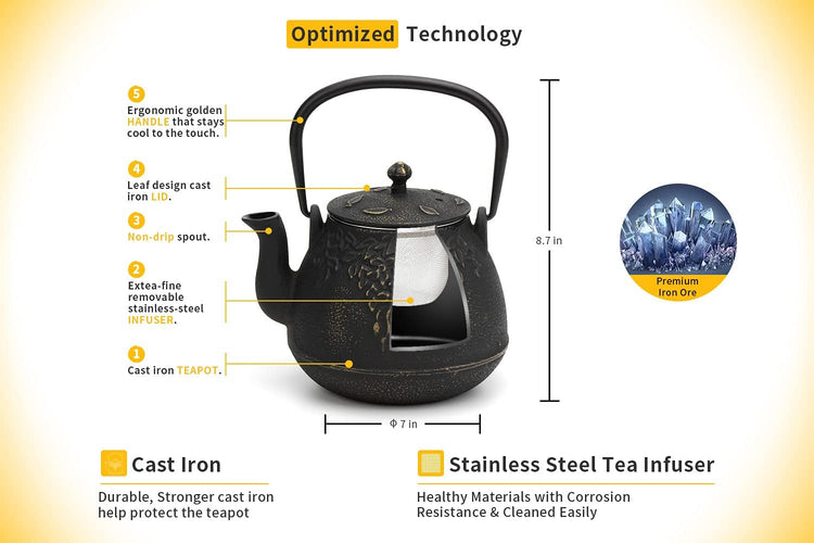 Tea Kettle, Toptier Japanese Cast Iron Tea Kettle for Stove Top, Stovetop Safe Cast Iron Teapot with Infusers for Loose Tea, 40 Ounce (1200 ml), Black