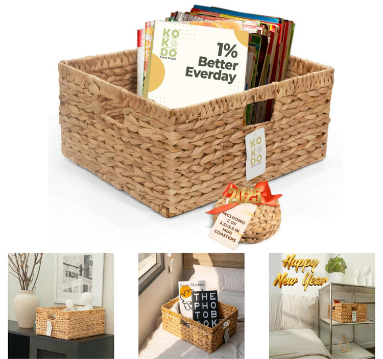 KOKODO 15”L x 11”W Large Rectangular Water Hyacinth Wicker Storage Basket with Handles