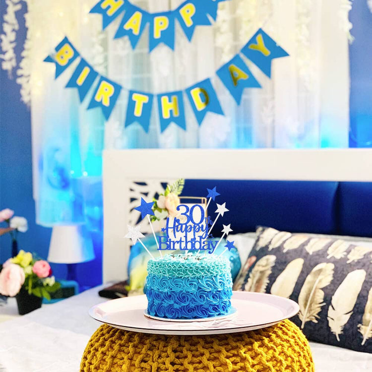 Royal Blue 30th Birthday Cake Topper with Glittery Stars (7 Count)