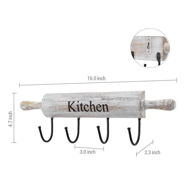 White Washed Wood Kitchen Utensil Rack with 4 Hooks