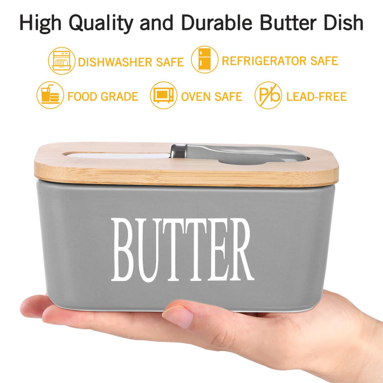 Ceramic Butter Dish with Bamboo Lid and Stainless Steel Knife Spreader Grey