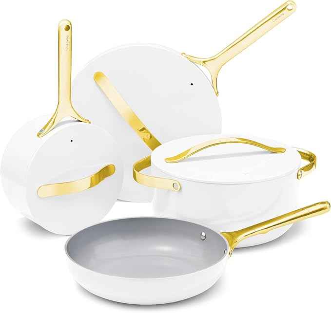 Caraway Nonstick Ceramic Cookware Set (12 Piece) Pots, Pans, Lids and Kitchen Storage - Non Toxic - Oven Safe & Compatible with All Stovetops - White