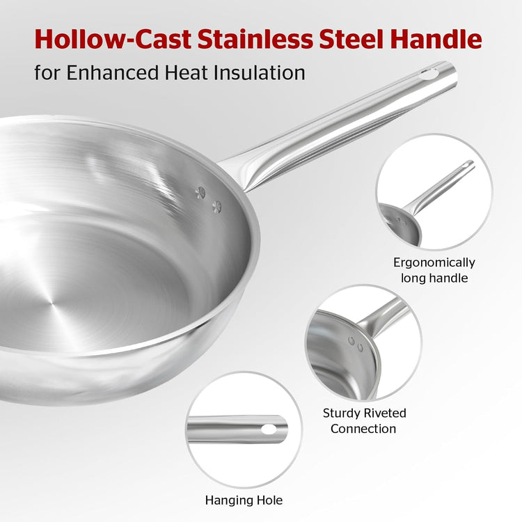 Sunhouse 18/10 11 Inch Stainless Steel Frying Pan, Whole-Clad No Coatings Skillet with Stay-cool Handle for Cooking, Durable & Oven Safe to 500°F, Dishwasher Safe, Compatible with All Cooktops