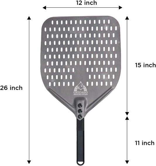 Perforated Pizza Peel - 12"x15" Anodized Aluminum Pizza Steel, 11" Handle, 26" Overall Length - Ideal Pizza Turning Peel for Pizza Oven, Brick Oven, Baking Bread