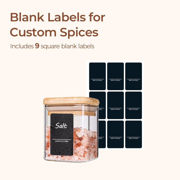 Glass Spice Jars with Labels 4 oz 6 Pack Small Square Bamboo Lids (6 Count)