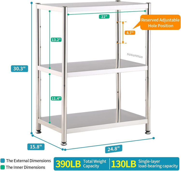 susunnus 3-Tier Stainless Steel Shelf, Heavy Duty Shelving for Kitchen, Garage, Industrial Storage, Kitchen Shelves Adjustable Feet, Easy to Clean(3T-24.8in*15.8in(Without guardrails))