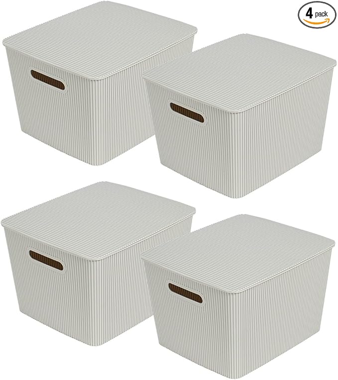 Glad Storage Baskets with Lids - Set of 4 Stackable Plastic Boxes with Handles - Decorative Shelf Organizer Bins for Bathroom and Closet, Grey, 4.7 Gallon
