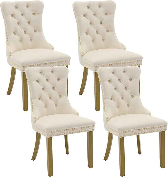 Velvet Dining Chairs Set of 4, Kitchen & Dining Room Chairs, Upholstered Dining Chairs with Back Ring Pull and Golden Solid Wood Legs, Modern Tufted Kitchen Chairs for Dining Room, Cream