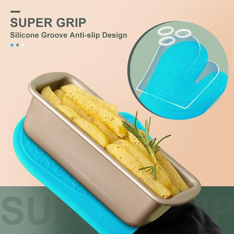 sungwoo Extra Long Silicone Oven Mitts, Heat Resistant Oven Gloves with Quilted Liner Non-Slip Textured Grip Perfect for BBQ, Baking, Cooking and Grilling - 1 Pair 14.6 Inch Turquoise & Black