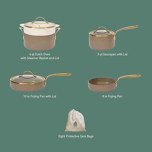 Bloomhouse - Two Time Oprah's Favorite Things Winner - 8 Piece Pots and Pans Heavy Duty Aluminum Premium PFA Free Ceramic Nonstick Dutch Oven Pot with Lid - Cappuccino Cream with Gold Handle