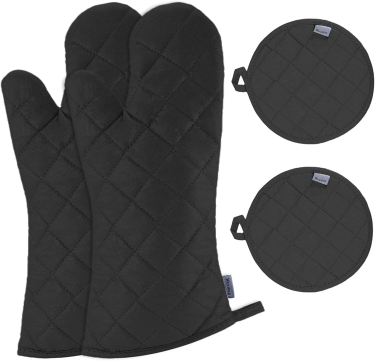 Set of 4 Oven Mitts and Pot Holder Heavy and Tall Kitchen Cotton Gloves Lined Towelcloth, Gloves Length 40cm, Pot Holder Width 20cm Diameter Round… (Black)