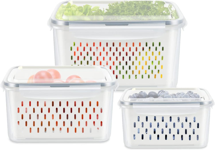 3 Pack Fruit Storage Containers for Fridge, Produce Saver Vegetable Container with Drain Colanders - Refrigerator Organizer for Lettuce Berry Keepers