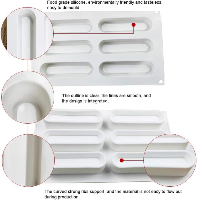 OCPO KITCHEN Eclair Silicone Mold for Baking Mousse Cake, French Dessert, Pastry, Chocolate, Ice Cream, Cake Decoration Mold, 3D Concave Eclair Shape (6-Cavity)