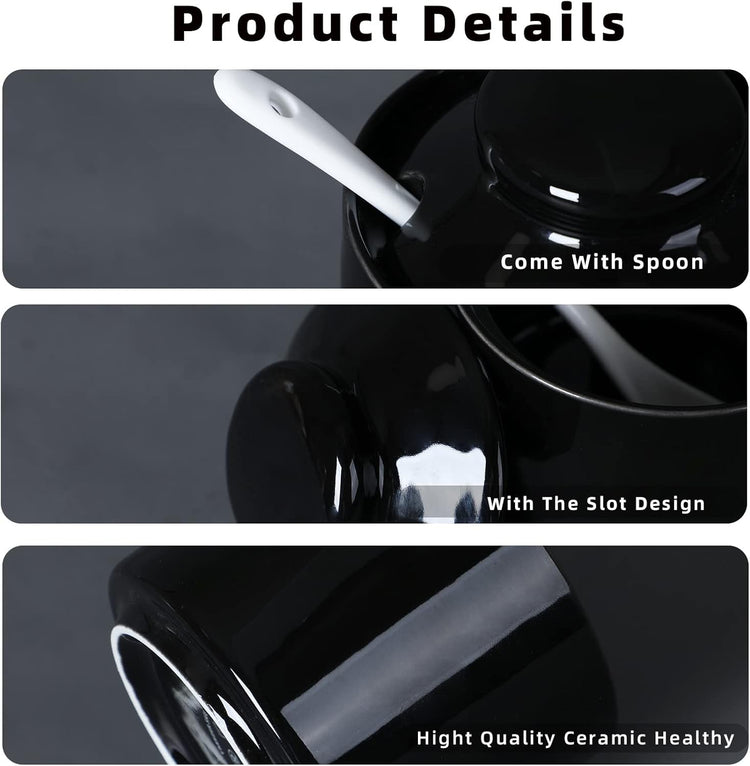 ONTUBE Ceramic Sugar Bowl with Lid and Spoon,Porcelain Seasoning Box Salt Bowl,8oz (Black)