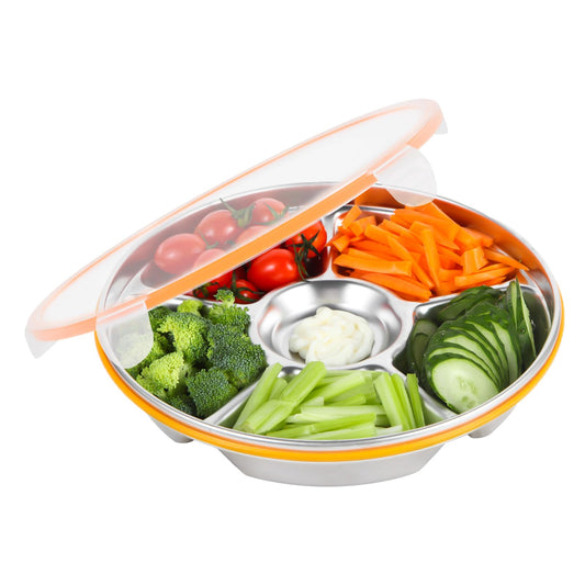 6 Compartment Stainless Steel Serving Tray with Lid