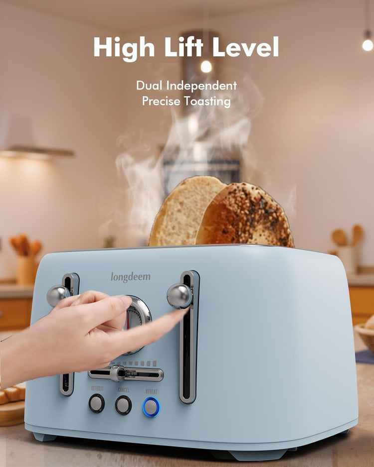 4-Slice Toaster with 1.6" Extra-Wide Slots, 6-Level Browning Control & Bagel/Defrost, Removable Crumb Tray, Auto Shutoff Stainless Steel Toaster Oven, Blue