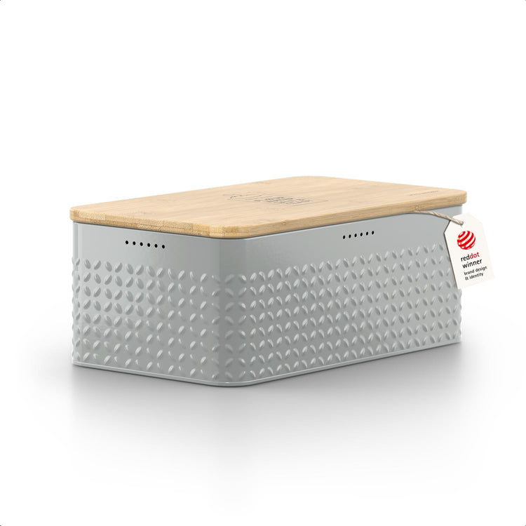 Bread Box I Metal Box for long lasting freshness I Bread Bin with bamboo lid usable as cutting board I 13.4x7.7x5.3In