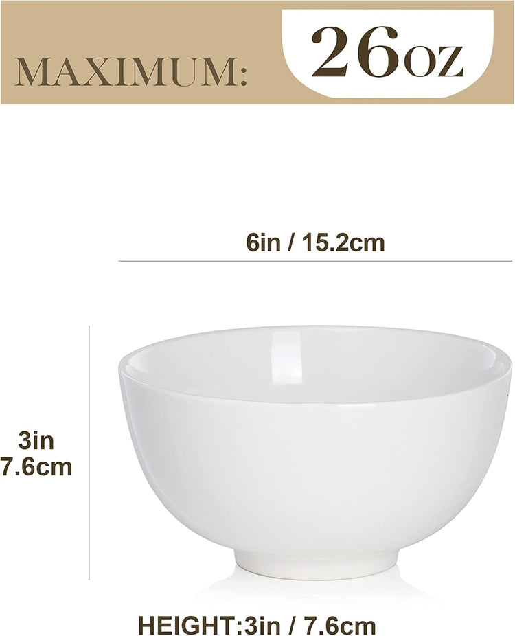 MALACASA 26 OZ Porcelain Soup Bowls Set of 4, White Ceramic Bowls for Kitchen, Cereal Bowl for Oatmeal, Fruit, Salad, Ramen and Rice Bowl -Dishwasher & Microwave Safe Bowls,