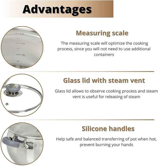 Daniks Modern 2 Quart Stainless Steel Stock Pot with Glass Lid, Tri-Ply Bottom for Even Heating, Induction Compatible, Dishwasher Safe, Heatproof Handles