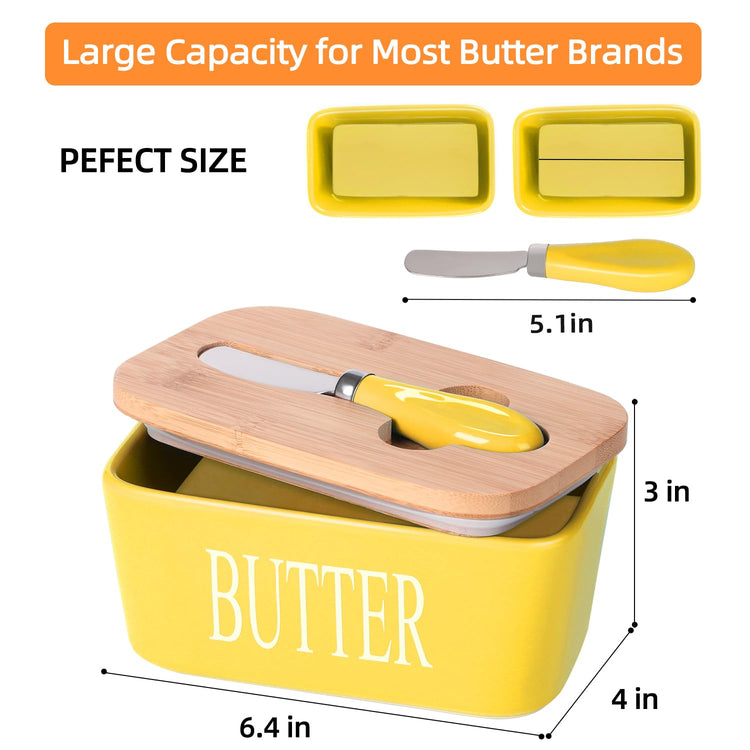 Ceramic Butter Dish with Bamboo Lid and Stainless Steel Knife Spreader