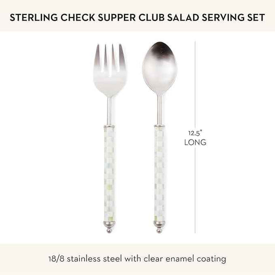 MACKENZIE-CHILDS Supper Club Salad Serving Set, Fork and Spoon Salad Servers, Decorative Kitchen Serving Utensils, Gray-and-White Sterling Check
