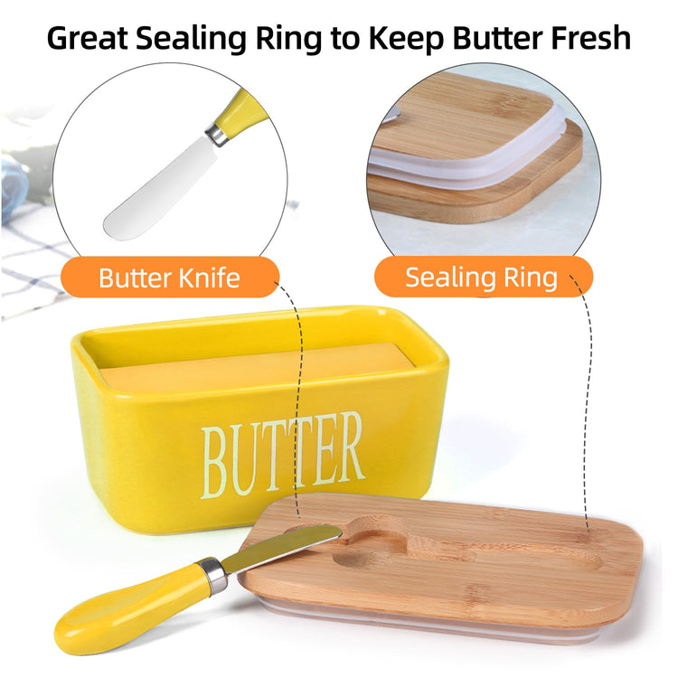 Ceramic Butter Dish with Bamboo Lid and Stainless Steel Knife Spreader