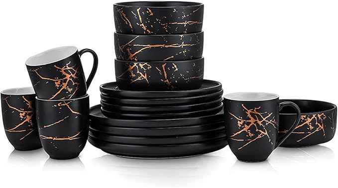 Stone Lain Porcelain 16 Piece Dinnerware set, 4 Full Black Gold Splash Sets
