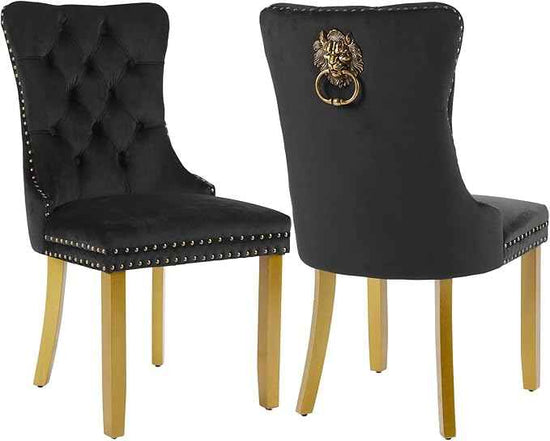 Velvet Dining Chairs Set of 2, Modern Tufted Dining Room Chair, Upholstered Dining Chairs with Lion Head Pulls Ring and Golden Solid Wood Legs, Luxury Kitchen Chairs for Dining Room, Black