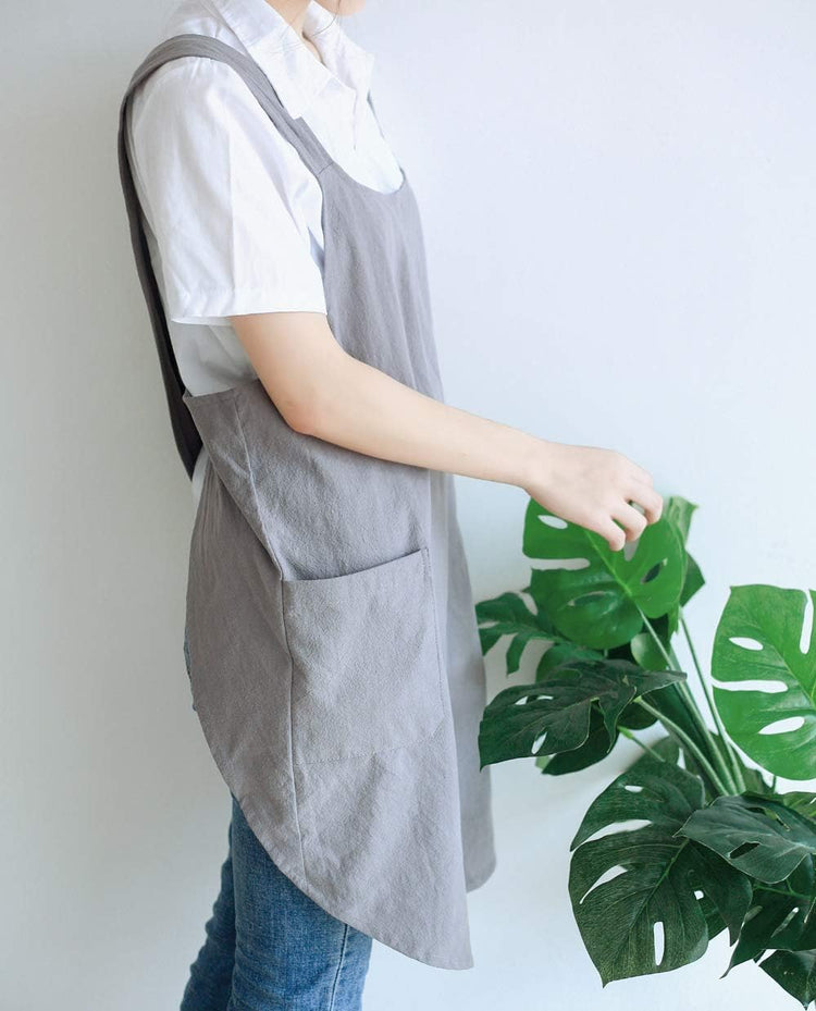 NEWGEM Japanese Linen Cross Back Cooking Aprons for Women Men with Pockets Cute for Baking Kitchen